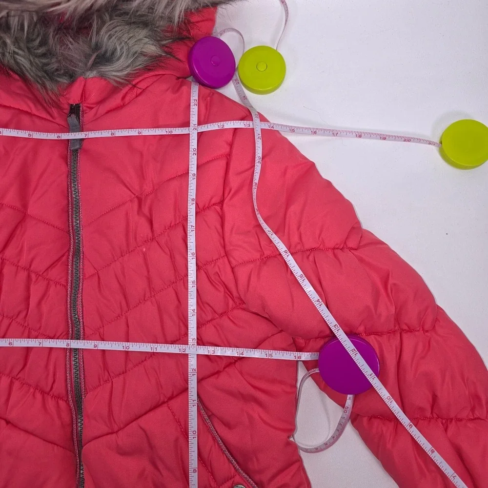 London Fog‎ Lined Puffer Jacket Girl's Large Fur Trim Hood Insulated Preppy Fun